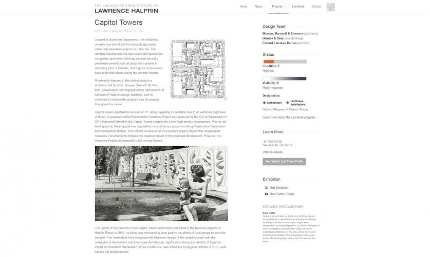Screen shot of The Landscape Architecture of Lawrence Halprin website showing the site rankings for Capitol Towers.