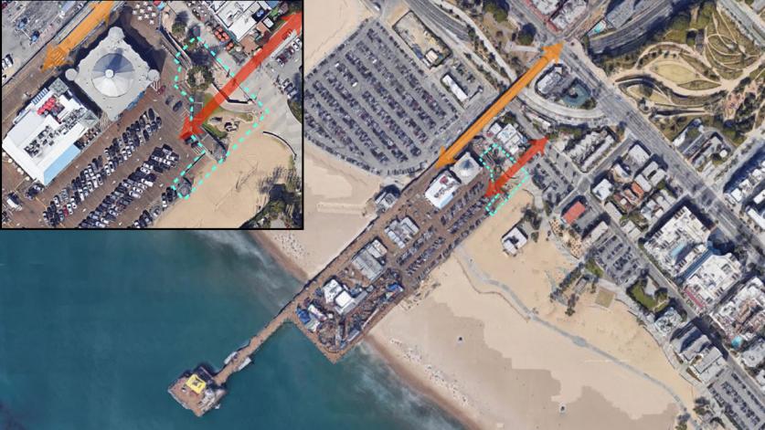 Santa Monica Pier. Map indicates: Carousel Park (dotted line), Alternative 1 and 3 Proposed Bridge (red), and Santa Monica Pier Bridge (orange) 