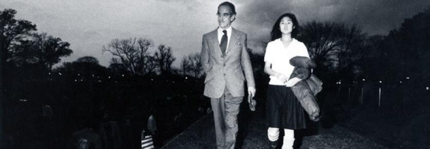 Grady Clay and Maya Lin atop the Vietnam Veteran's Memorial prior to opening ceremony, 1982.