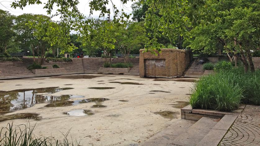 The drained pool and cascade at Pershing Park, Washington, D.C.