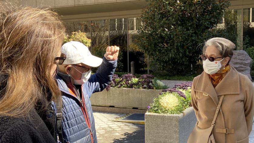 National Geographic Museum director Kathryn Keane, landscape architect Jeff Lee and artist Elyn Zimmerman at National Geographic Society Headquarters, Washington, D.C.