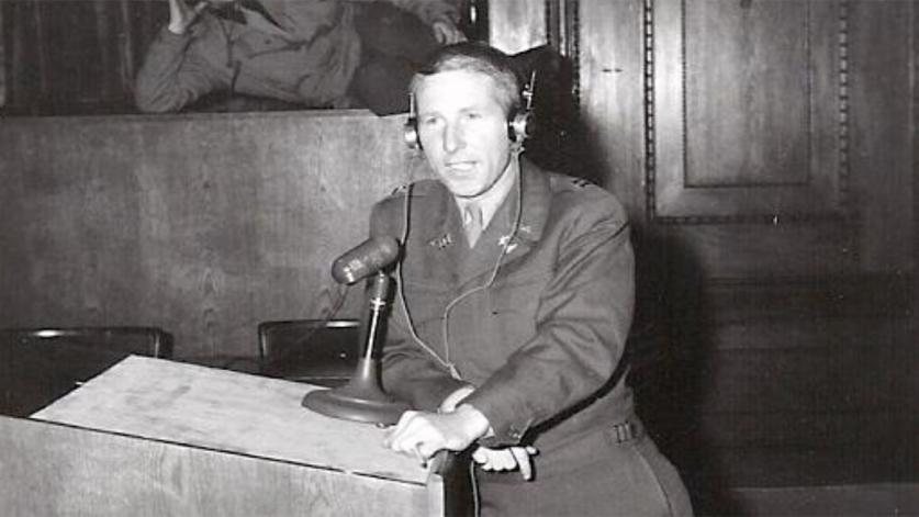 Dan Kiley testing equipment in the Nuremburg courtroom.