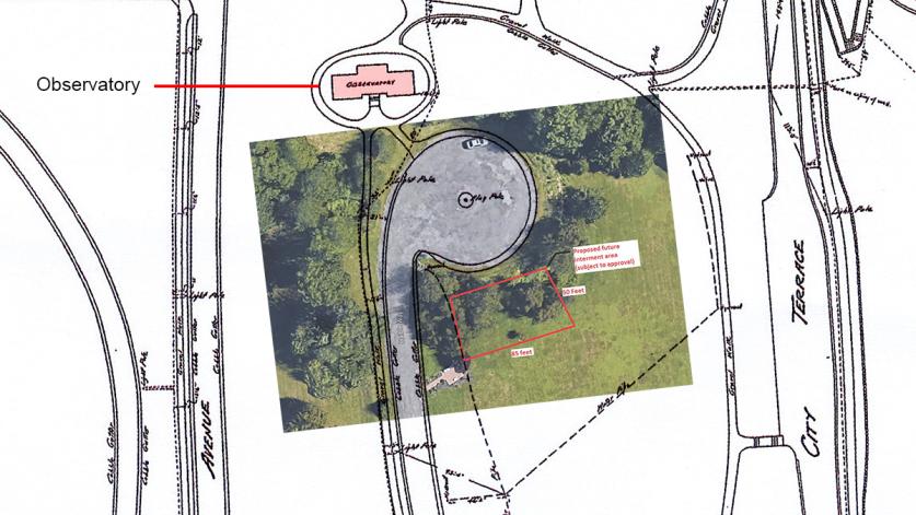 1942 map of Downing Park and its Observatory (drawing) superimposed over the City of Newburgh's proposed reinterment area (color photo)