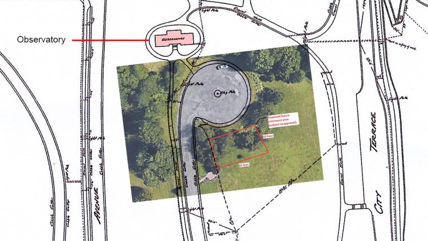 1942 map of Downing Park and its Observatory (drawing) superimposed over the City of Newburgh's proposed reinterment area (color photo)