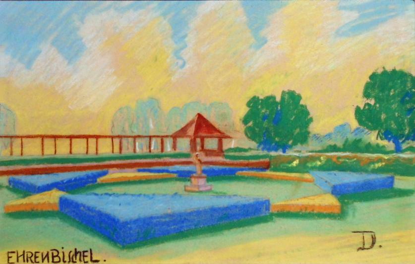 Ehrenbichel Klagenfurt Irma Franzen Olkreide Dreiecke Pergola Pavillon um 1924.jpg Pastel painting of garden at Klagenfurt, Austria, 1924
