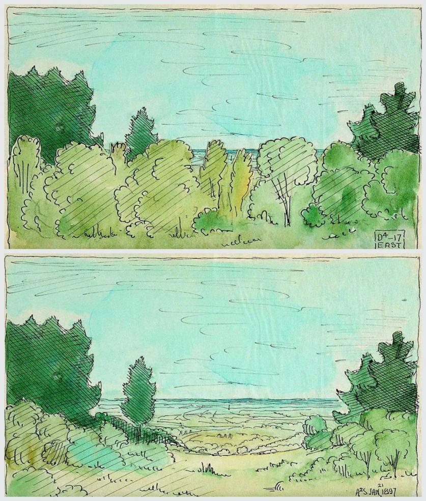 Eliot_BeforeAfter.jpg "A pasture above Virginia Wood in the Fells," sketches showing before (above) and after (below)