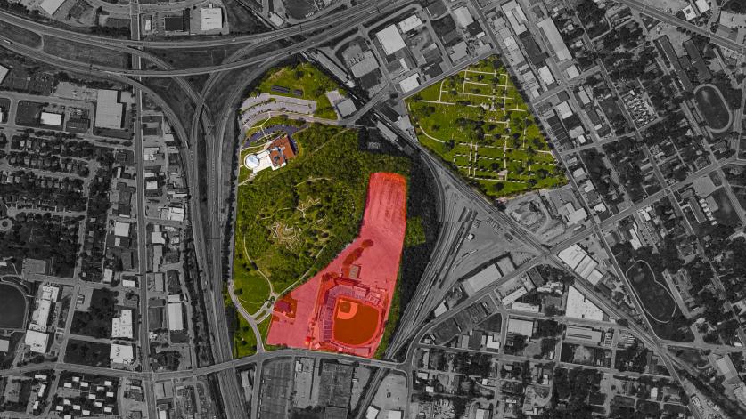 Ft_NegleyMap.jpg Aerial view of Fort Negley Historic Landmark District. The Greer Stadium complex, shown in red, is slated for redevelopment.