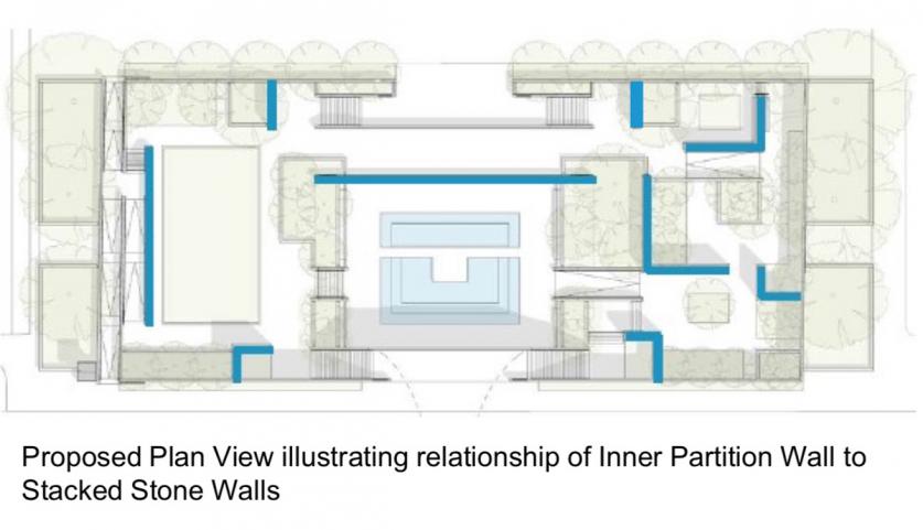 All of the walls indicated in dark blue would be faced with stacked stones, despite Bunshaft's documented preference for aggregate concrete.