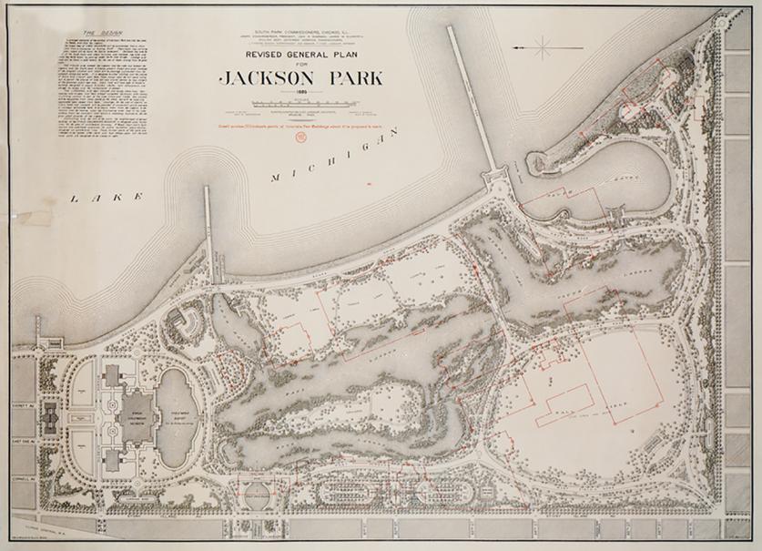 1895 general plan for Jackson Park with overlay of Fair structures, Chicago, IL