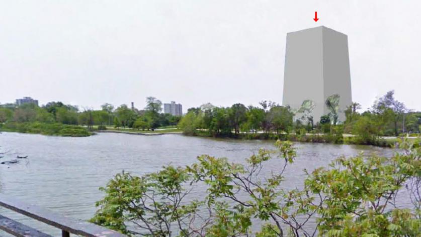 Il_Chicago_JacksonPark_AppendixForReview_Streetview simulation from the North Lagoon Bridge looking west toward the OPC Museum building_027.jpg From the City of Chicago's recently released AOE, a simulation from the North Lagoon Bridge looking west toward the OPC Museum building.
