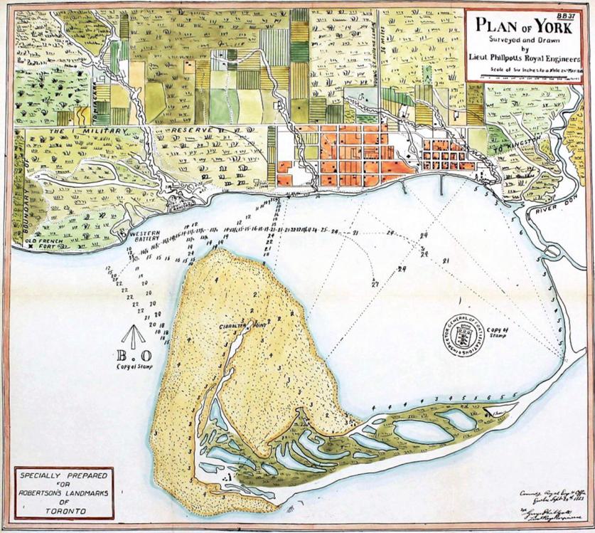 1818 Phillpotts Plan of York, J.R. Robertson’s Landmarks  of Toronto.