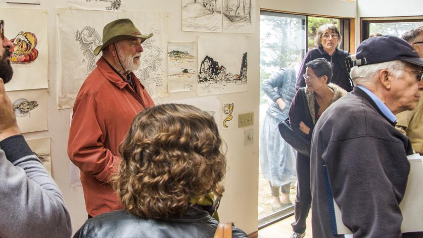 Donlyn Lyndon (center with hat) speaking during What's Out There Weekend Haprin at The Sea Ranch