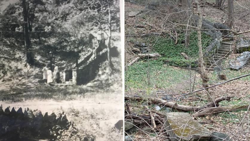 Grand staircase to the "Grotto" at National Park Seminary, Forest Glen, MD, 1920s (left), 2019 (right).