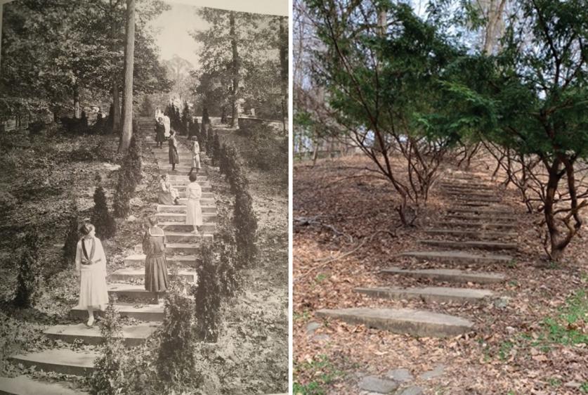 Justice court stairs at National Park Seminary, Forest Glen, MD, 1920s (left), 2019 (right).
