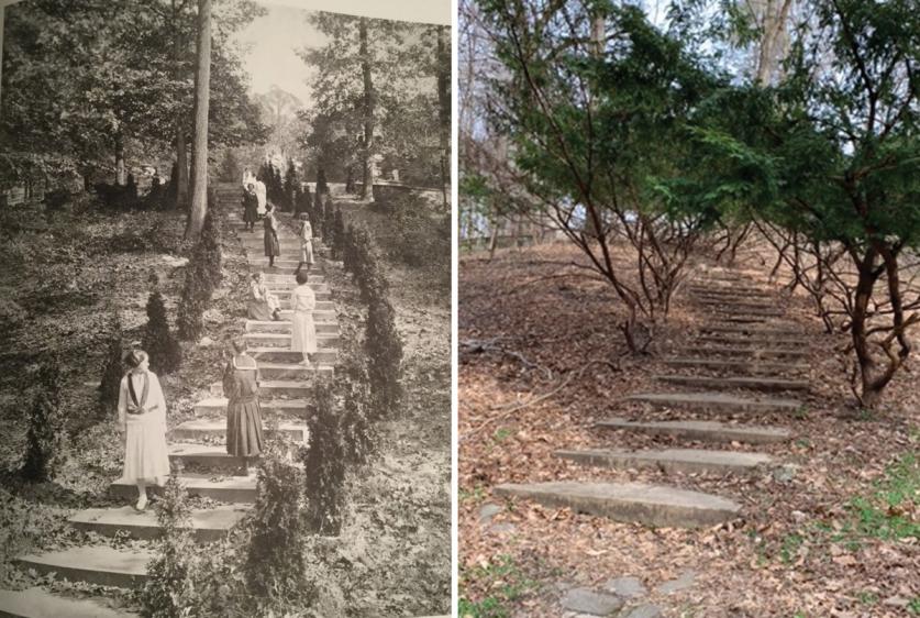 MD_ForestGlen_NationalParkSeminary_JusticeCourtStairs.jpg Justice court stairs at National Park Seminary, Forest Glen, MD, 1920s (left), 2019 (right).