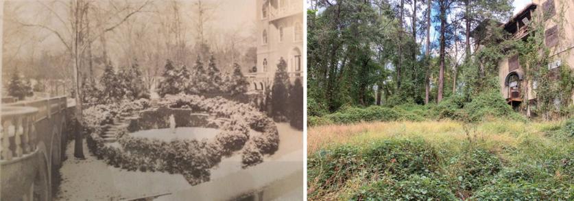 Villa Garden at National Park Seminary, Forest Glen, MD, 1920s (left), 2019 (right).