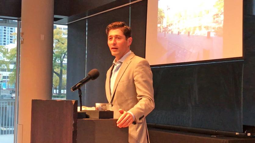 Mayor Jacob Frey of Minneapolis accepts TCLF's Stewardship Excellence Award for the rehabilitation of Peavey Plaza