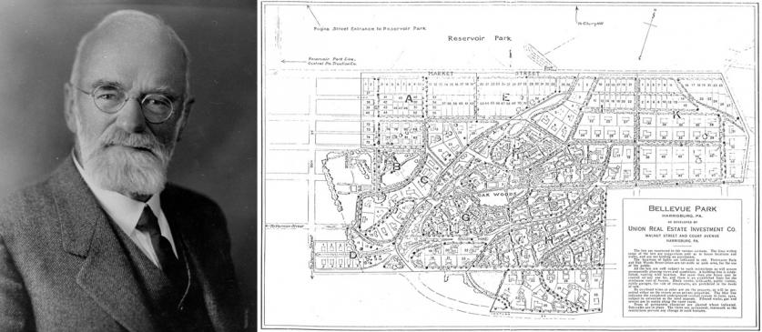 Warren H. Manning (left) and his original plan for Bellevue Park, 1909