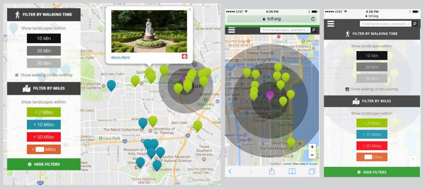 What's Nearby on mobile (from left, iPad, iphone, and distance filters on an iphone)