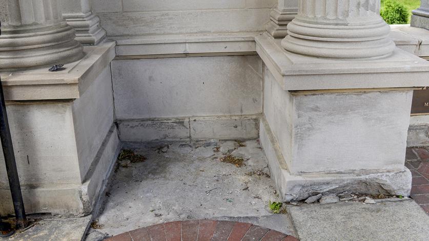 Crumbling limestone of column pedestals, Hall of Fame, Bronx, NY