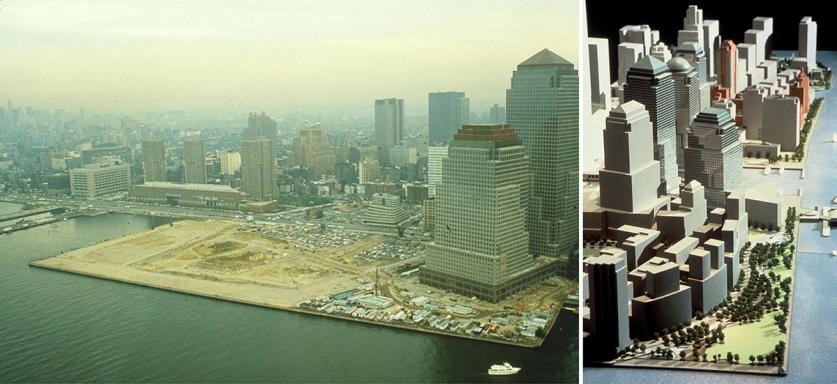 Rockefeller Park, New York City, NY, under construction (left) and scale model (right)