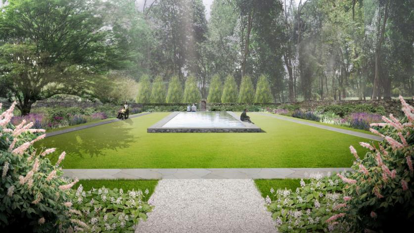 Design for a reflecting pool surrounded by expanded ADA paths and sensory plantings, The Jay Estate, Rye, NY