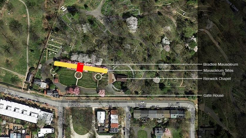 Map-01.jpg Aerial of Oak Hill Cemetery, wall of mausolea indicated in yellow