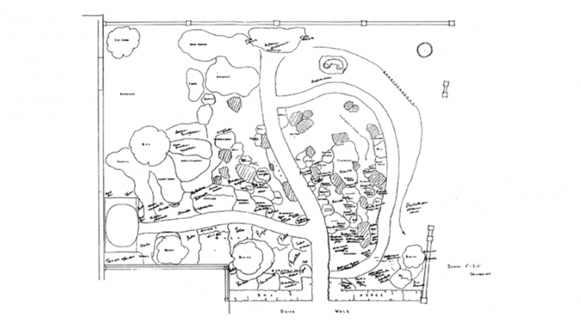 Original sketch of Asian garden_Beatrix Farrand_Garland Farm.png A 1957 Sketchplan of the Asian Garden within the Entrance Garden by Beatrix Farrand