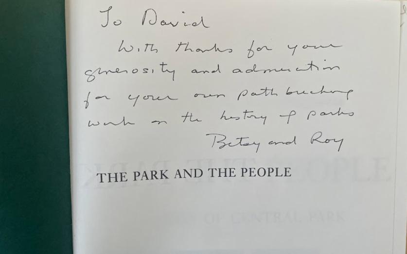 Park and the People_inscription_image for feature.jpg Item #177, The Park and the People: A History of Central Park, inscribed by authors