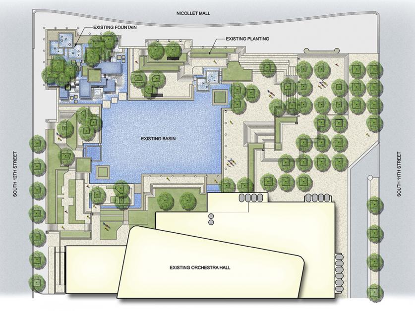 Plan of existing conditions at Peavey Plaza, Minneapolis, MN