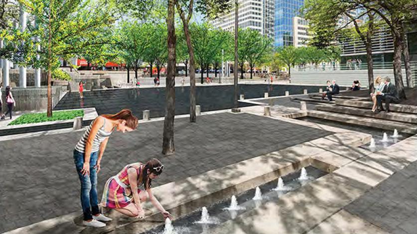 Rendering of Proposed Peavey Plaza design showing bubblers in the runnels