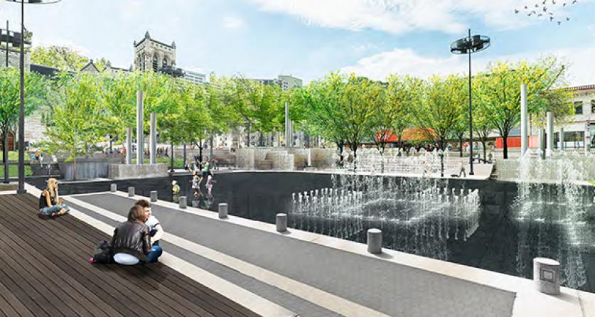 Rendering of Proposed Peavey Plaza design showing a scrim in place of the pool and the Fluidity-designed water jets
