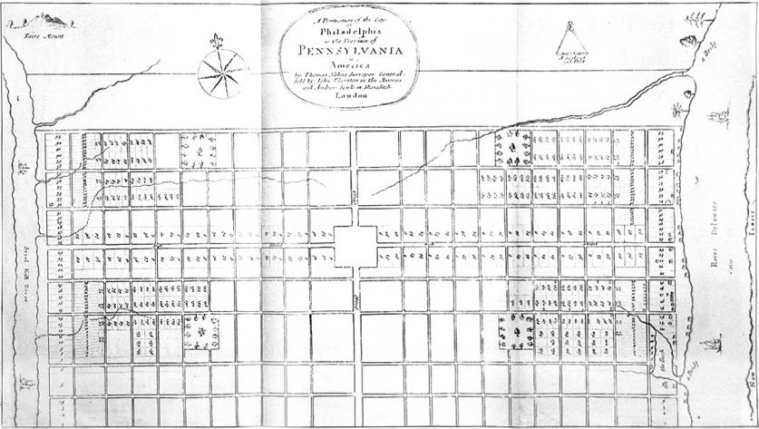 Plan_Philadelphia_Penn-HolmeBW.jpg A Portraiture of the City of Philadelphia in the Province of Pennsylvania in America, 1683, Thomas Holme and William Penn