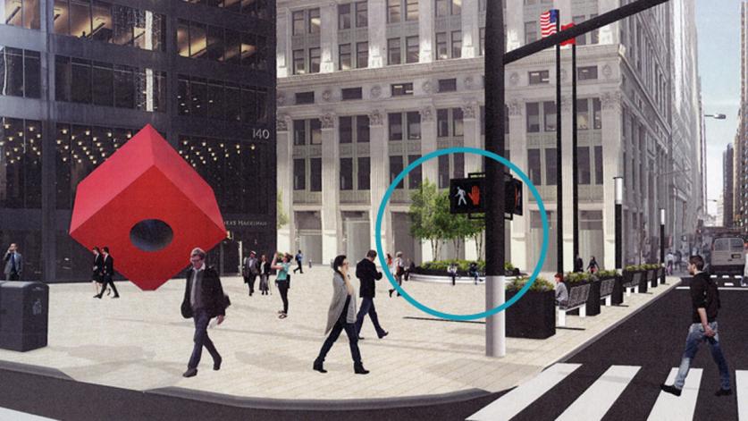 Rendering of initial proposal; the blue circle indicates the new circular planter that would change the compositional balance of 140 Broadway Plaza