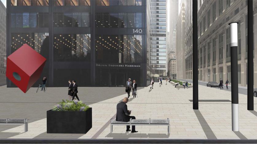 Revised rendering of 140 Broadway Plaza without circular planter, viewing from Broadway