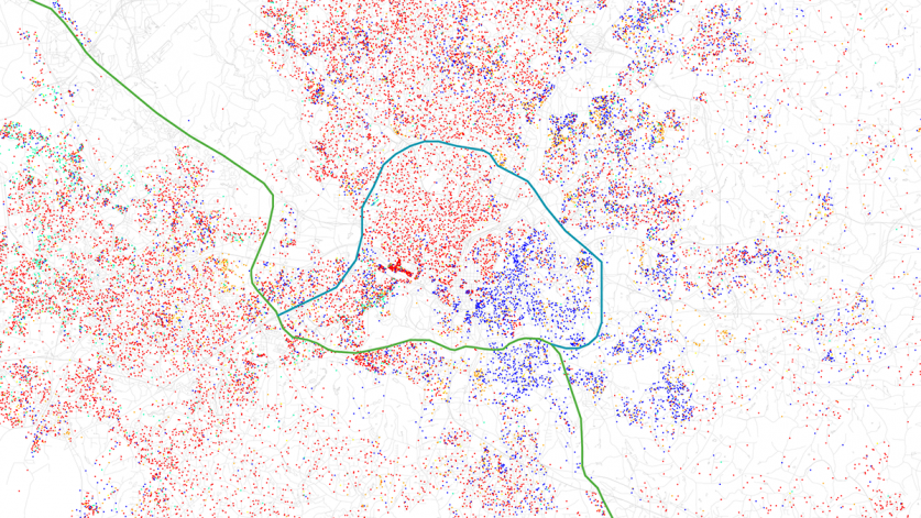 2000 census data on Raleigh-Durham, NC, shows a still-segregated city. African American population in blue