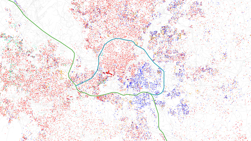 RaceCensusRaleigh.png 2000 census data on Raleigh-Durham, NC, shows a still-segregated city. African American population in blue