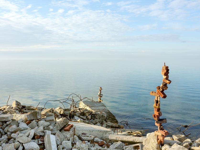 Shoreline of the Flats with brick and rebar constructions, Tommy Thompson Park, Toronto, 2020