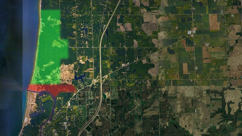 Saugatuck Dunes State Park (green) and proposed marina development (red)