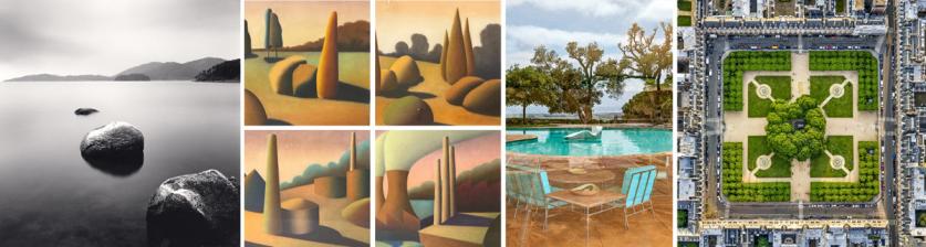 [Left to right] Three Rocks, Jeongnamjin, Jeollanam-do, South Korea, 2018 by Michael Kenna; Untitled Industrial Landscape (A Group of 4 Works) by Kevin MacDonald; Donnell Pool Reflection by Millicent Harvey; Paris Place des Vosges by Jeffrey Millstein.