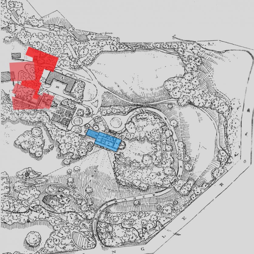 Tregaron_Shipman-map_overlayNewProposal_Landslide.jpg Map shows combined building footprint in red (darker red is the proposed addition) with the original estate house in blue