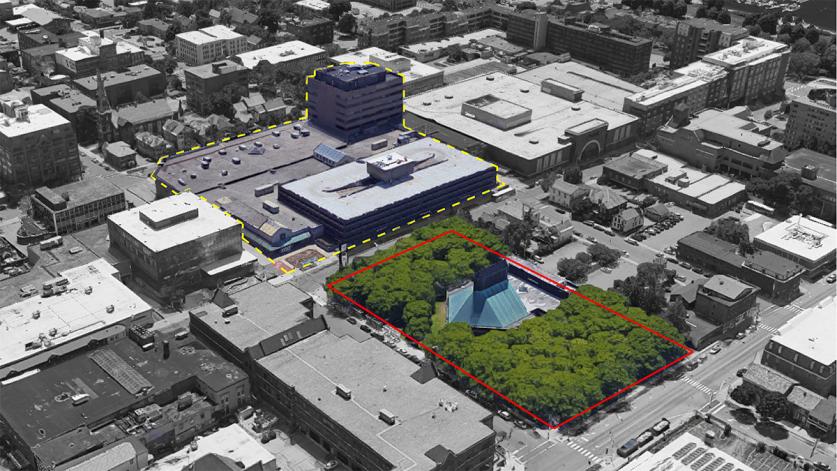 Cathedral of the Immaculate Conception, Burlington, VT. Map indicates: Cathedral (red) and Cityplace Burlington redevelopment project (yellow), 2018 