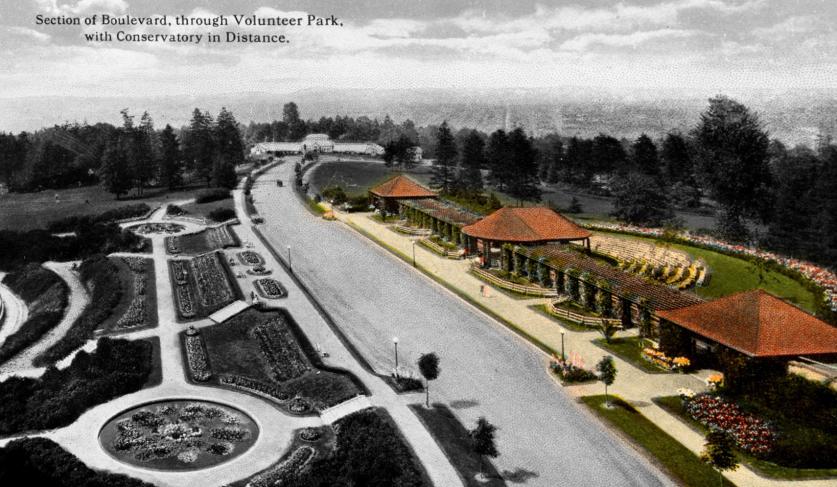 Volunteer Park AerialBW.jpg Color area shows original pergola, bandstand, and concert grotto lost to the art museum