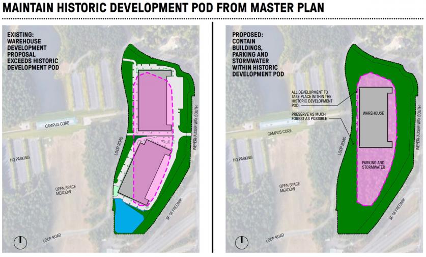 Weyerhaeuser Corporate Headquarters-MaintainDiagram_003.jpg Proposal for two warehouses (left) exceeds the boundaries of the mid-1970s master plan. One warehouse (right) fits within the boundaries of the master plan.