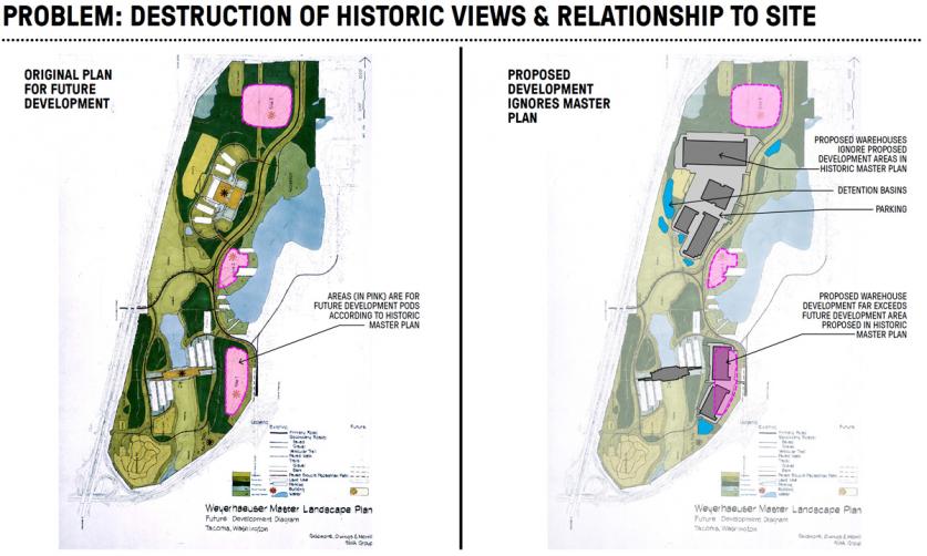 Weyerhaeuser Corporate Headquarters-ProblemDiagram_002.jpg The mid-1970s master plan (left) showing areas (in pink) set aside for future development. Proposed warehouse development (right) overlaid on the 1970's master plan.