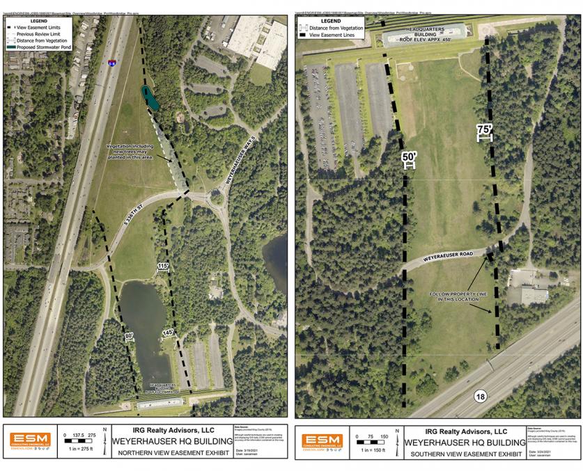Proposed easements at the Weyerhaeuser Campus, north of the headquarters building (left) and south of the building (right).