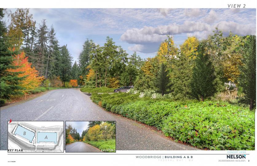 Visual simulation heading north on Weyerhaeuser Road towards Warehouse B submitted by IRG.