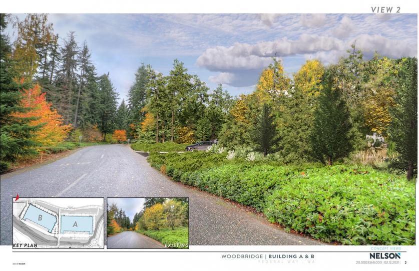Weyerhauser-Woodbridge A-B Visualization with Narrative-page-002.jpg Visual simulation heading north on Weyerhaeuser Road towards Warehouse B submitted by IRG.