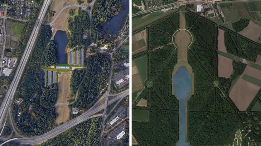 The forested areas at the former Weyerhaeuser Corporate Headquarters (left), like those at Versailles (right), are a key component of the historic landscape's composition. They are not an empty space waiting to be filled.