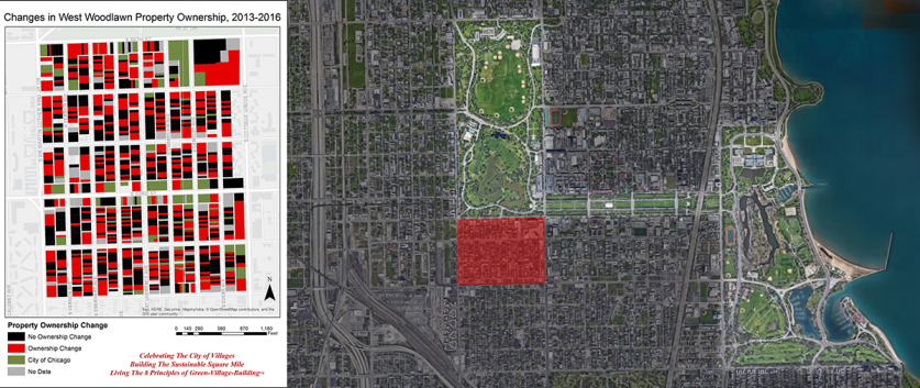 Changes in West Woodlawn property ownership, 2013-2016, courtesy of Blacks in Green. Map (r.) shows the location of the Chicago neighborhood